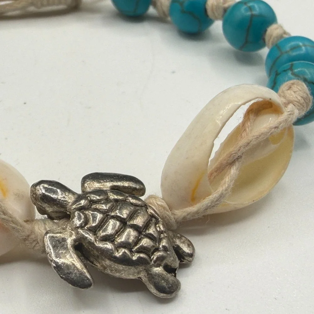 Boho Sea Turtle Bracelet Blue Beads Cowrie Shell Adjustable Beach Surfer Gift